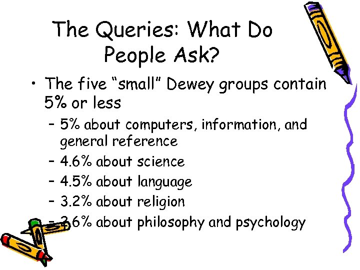 The Queries: What Do People Ask? • The five “small” Dewey groups contain 5%