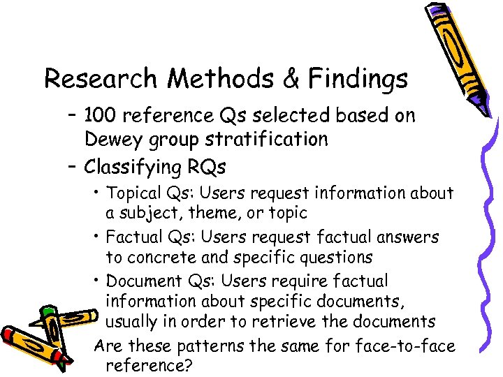 Research Methods & Findings – 100 reference Qs selected based on Dewey group stratification