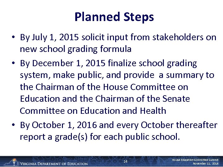 Planned Steps • By July 1, 2015 solicit input from stakeholders on new school