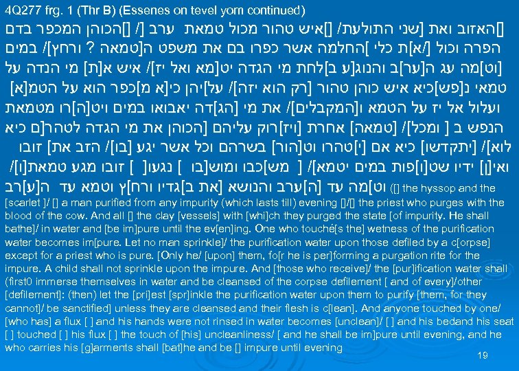 4 Q 277 frg. 1 (Thr B) (Essenes on tevel yom continued) ][האזוב ואת