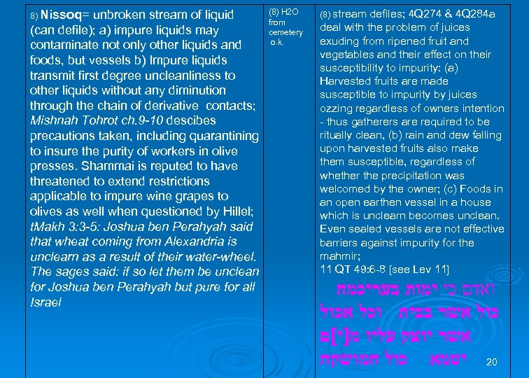 8) Nissoq= unbroken stream of liquid (can defile); a) impure liquids may contaminate not