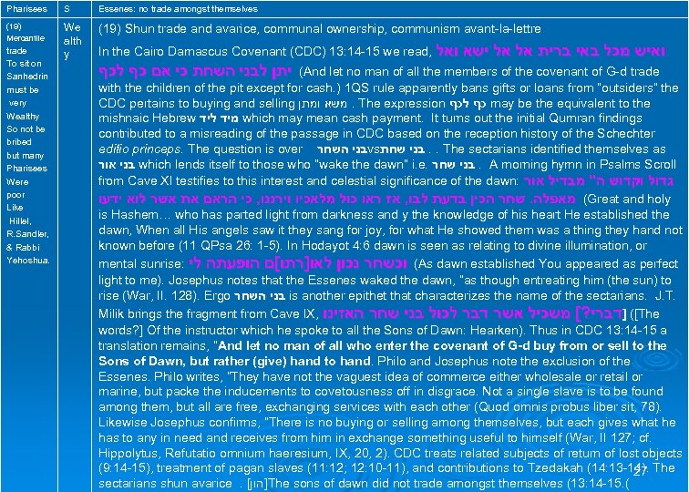 Pharisees S Essenes: no trade amongst themselves Essenes: (19) Mercantile We alth y (19)