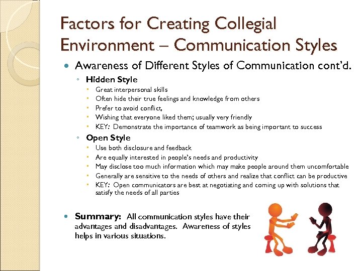 Factors for Creating Collegial Environment – Communication Styles Awareness of Different Styles of Communication