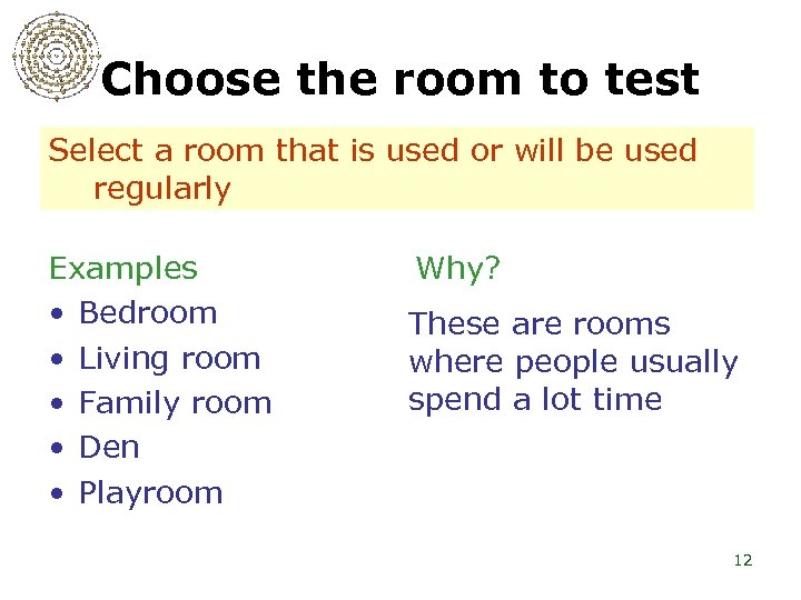 Choose the room to test Select a room that is used or will be