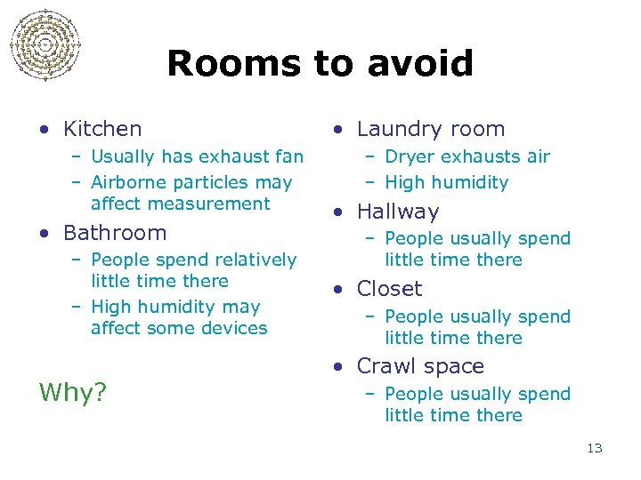 Rooms to avoid • Kitchen – Usually has exhaust fan – Airborne particles may