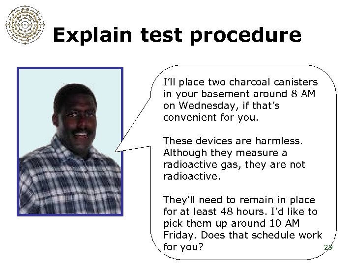 Explain test procedure I’ll place two charcoal canisters in your basement around 8 AM