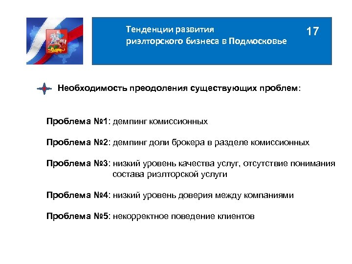 Тенденции развития риэлторского бизнеса в Подмосковье 17 Необходимость преодоления существующих проблем: Проблема № 1: