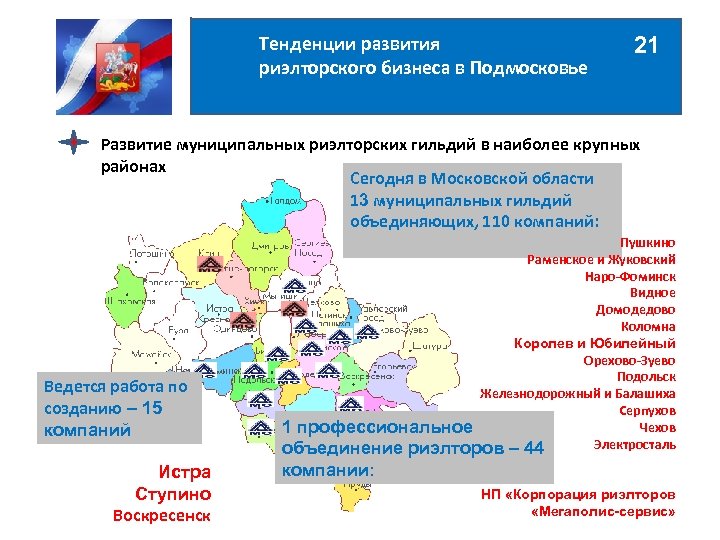 Тенденции развития риэлторского бизнеса в Подмосковье 21 Развитие муниципальных риэлторских гильдий в наиболее крупных
