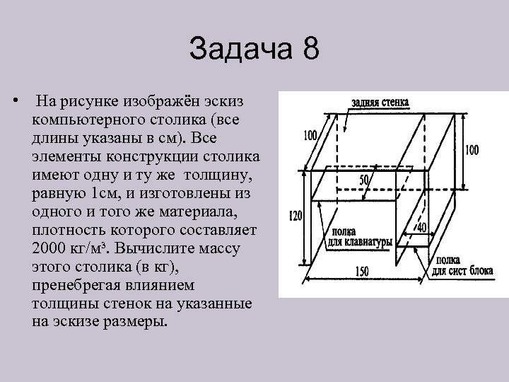 Задача 8 • На рисунке изображён эскиз компьютерного столика (все длины указаны в см).