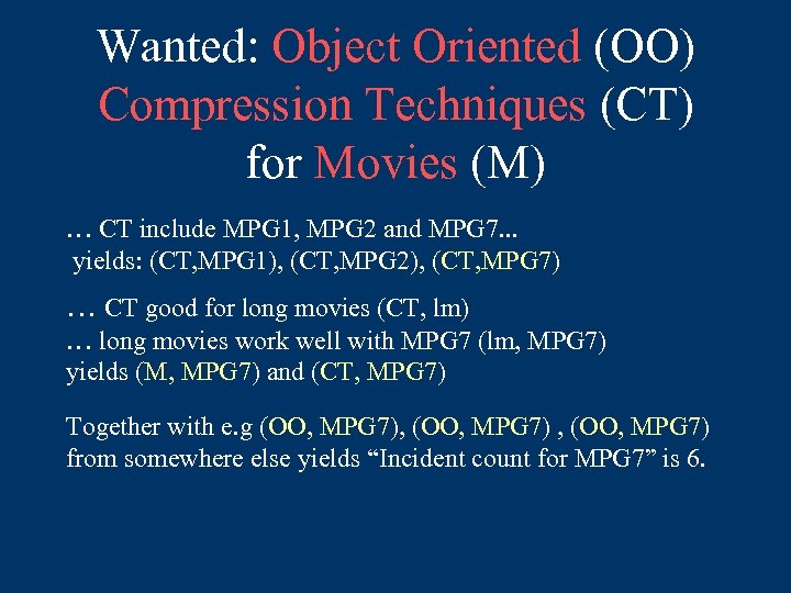 Wanted: Object Oriented (OO) Compression Techniques (CT) for Movies (M) … CT include MPG
