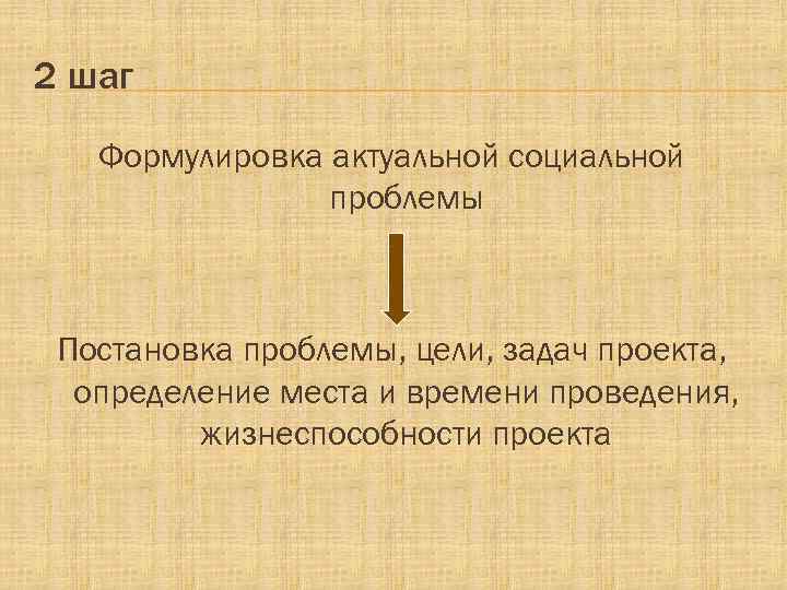 2 шаг Формулировка актуальной социальной проблемы Постановка проблемы, цели, задач проекта, определение места и