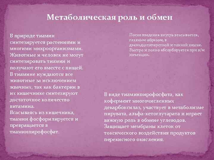 Метаболическая роль и обмен В природе тиамин синтезируется растениями и многими микроорганизмами. Животные и