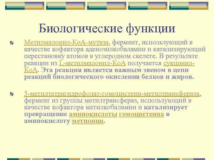 Биологические функции Метилмалонил-Ко. А-мутаза, фермент, использующий в качестве кофактора аденозилкобаламин и катализирующий перестановку атомов