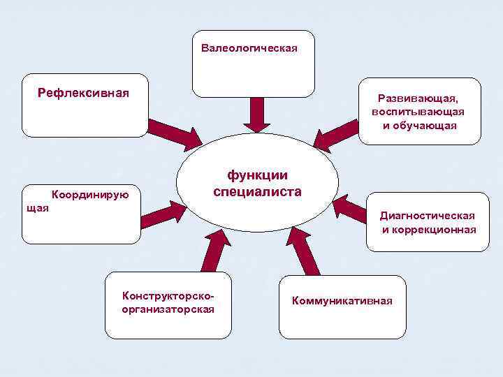 Валеологическая Рефлексивная Координирую Развивающая, воспитывающая и обучающая функции специалиста щая Диагностическая и коррекционная Конструкторскоорганизаторская