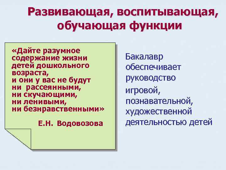 Развивающая, воспитывающая, обучающая функции «Дайте разумное содержание жизни детей дошкольного возраста, и они у