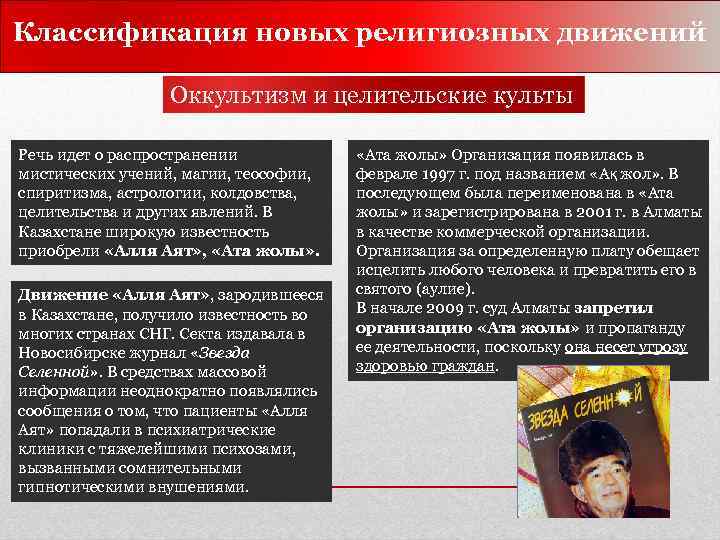 Классификация новых религиозных движений Оккультизм и целительские культы Речь идет о распространении мистических учений,
