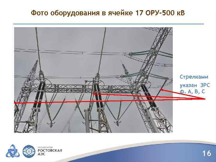 Фото оборудования в ячейке 17 ОРУ-500 к. В Стрелками указан ЗРС ф. А, В,