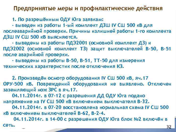 Предпринятые меры и профилактические действия 1. По разрешённым ОДУ Юга заявкам: - выведен из