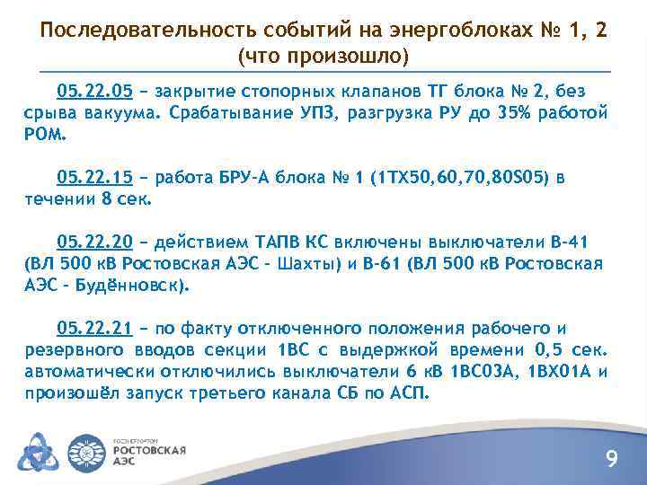 Последовательность событий на энергоблоках № 1, 2 (что произошло) 05. 22. 05 − закрытие