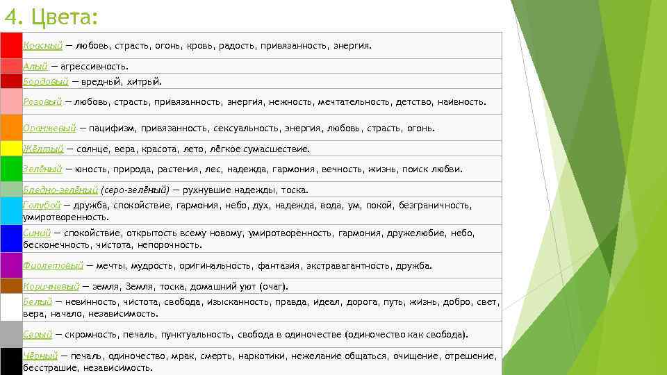 4. Цвета: Красный — любовь, страсть, огонь, кровь, радость, привязанность, энергия. Алый — агрессивность.