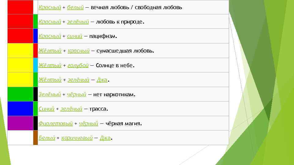 Красный + белый — вечная любовь / свободная любовь Красный + зелёный — любовь