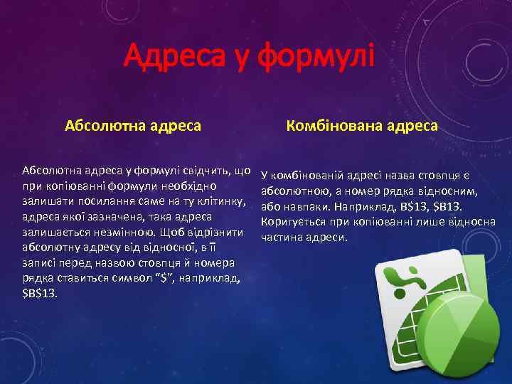 Адреса у формулі Абсолютна адреса у формулі свідчить, що при копіюванні формули необхідно залишати
