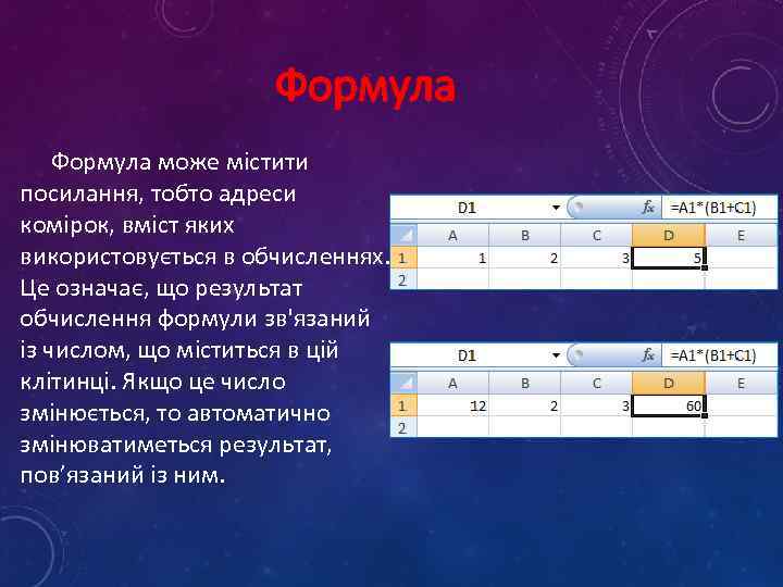 Формула може містити посилання, тобто адреси комірок, вміст яких використовується в обчисленнях. Це означає,