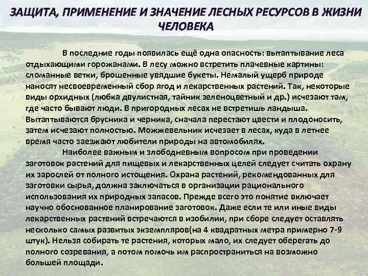 ЗАЩИТА, ПРИМЕНЕНИЕ И ЗНАЧЕНИЕ ЛЕСНЫХ РЕСУРСОВ В ЖИЗНИ ЧЕЛОВЕКА В последние годы появилась ещё