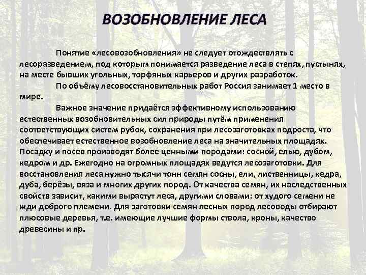 ВОЗОБНОВЛЕНИЕ ЛЕСА Понятие «лесовозобновления» не следует отождествлять с лесоразведением, под которым понимается разведение леса