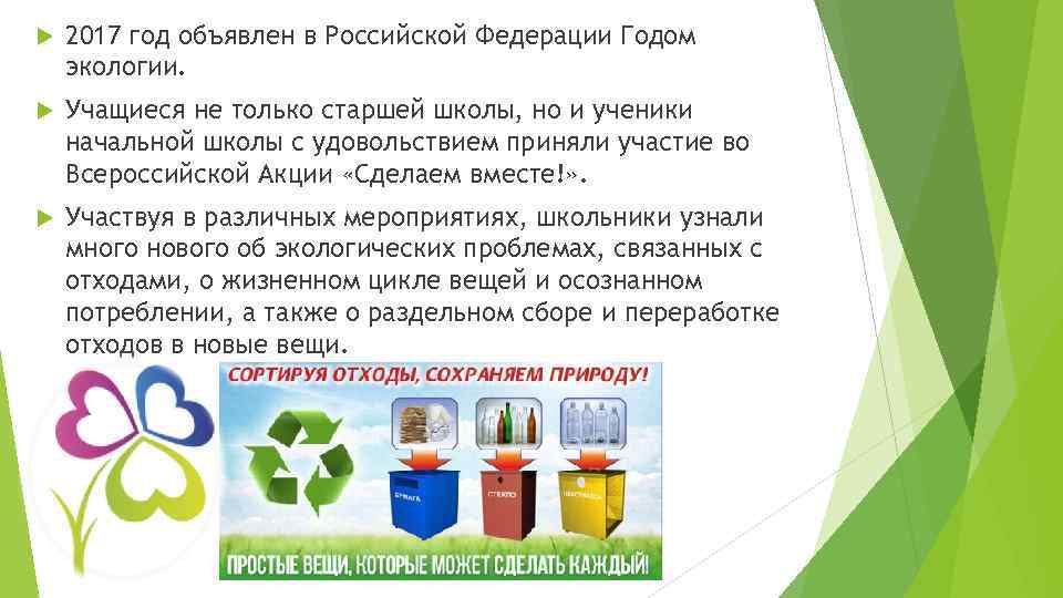  2017 год объявлен в Российской Федерации Годом экологии. Учащиеся не только старшей школы,