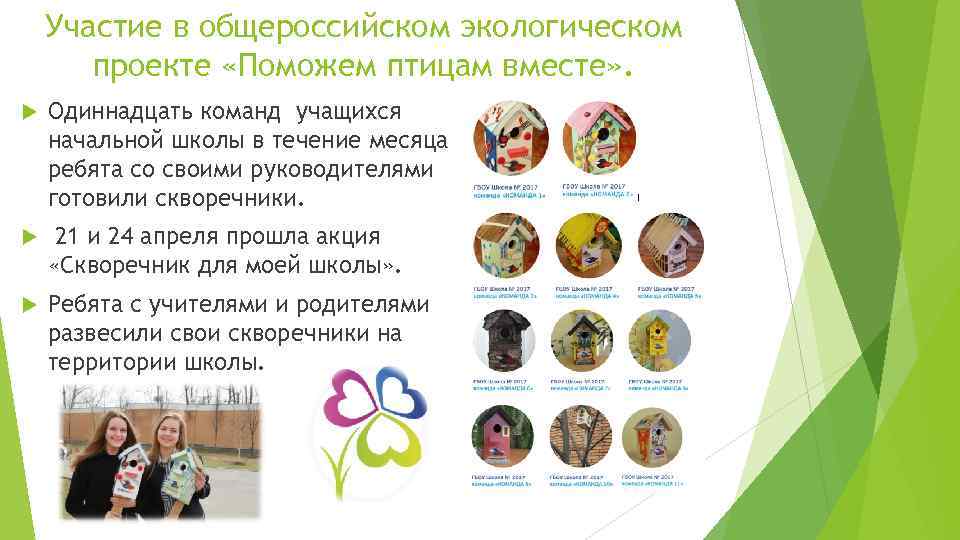 Участие в общероссийском экологическом проекте «Поможем птицам вместе» . Одиннадцать команд учащихся начальной школы