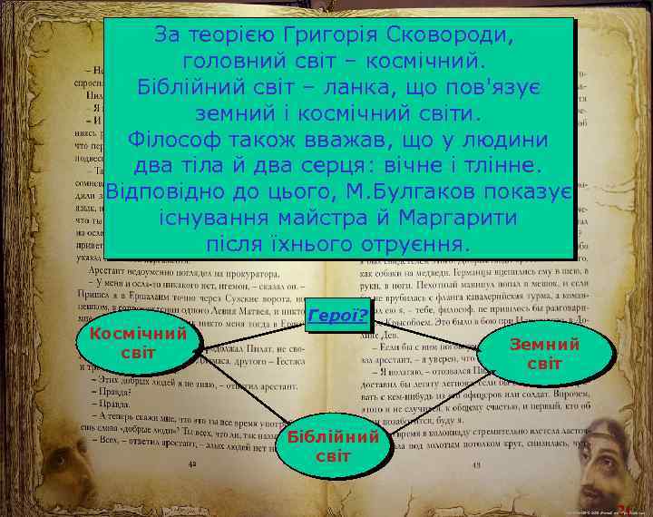 За теорією Григорія Сковороди, головний світ – космічний. Біблійний світ – ланка, що пов'язує