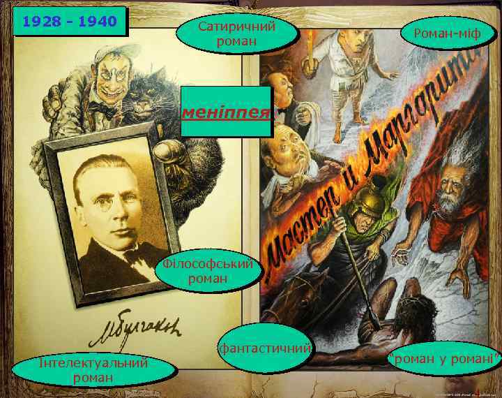1928 - 1940 Сатиричний роман Роман-міф меніппея Філософський роман Інтелектуальний роман фантастичний “роман у