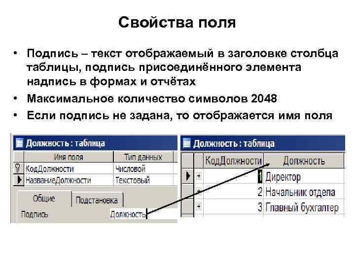 Свойства поля • Подпись – текст отображаемый в заголовке столбца таблицы, подпись присоединённого элемента