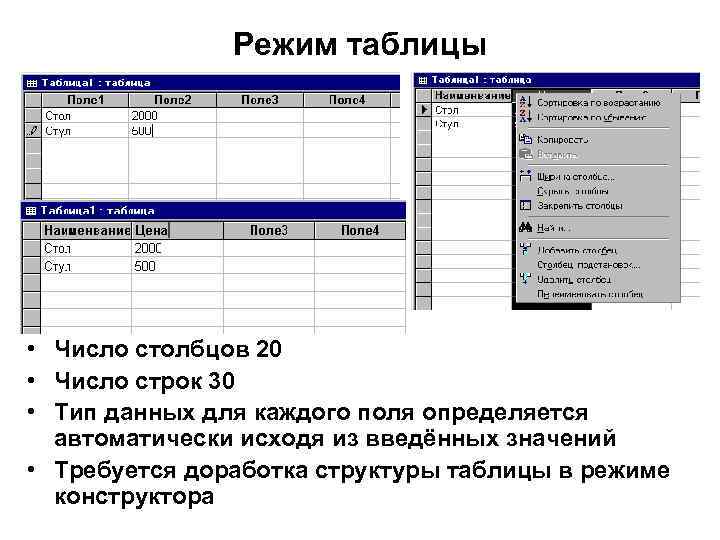 Режим таблицы • Число столбцов 20 • Число строк 30 • Тип данных для