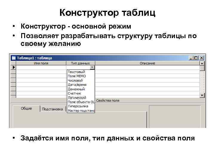 Конструктор таблиц • Конструктор - основной режим • Позволяет разрабатывать структуру таблицы по своему
