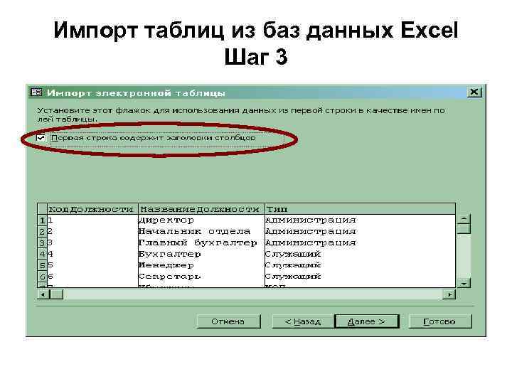 Импорт таблиц из баз данных Excel Шаг 3 