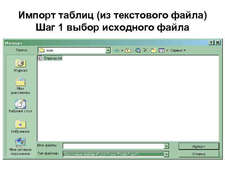 Импорт таблиц (из текстового файла) Шаг 1 выбор исходного файла 