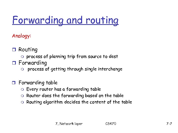 Forwarding and routing Analogy: r Routing m process of planning trip from source to