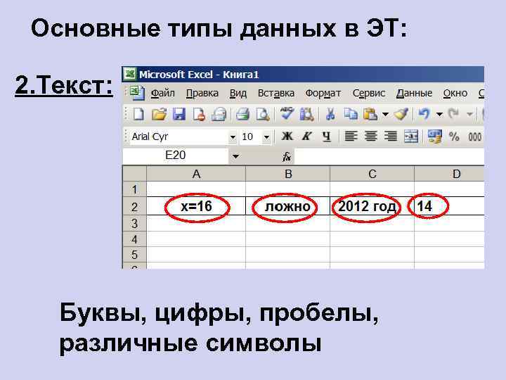 Основные типы данных в ЭТ: 2. Текст: Буквы, цифры, пробелы, различные символы 