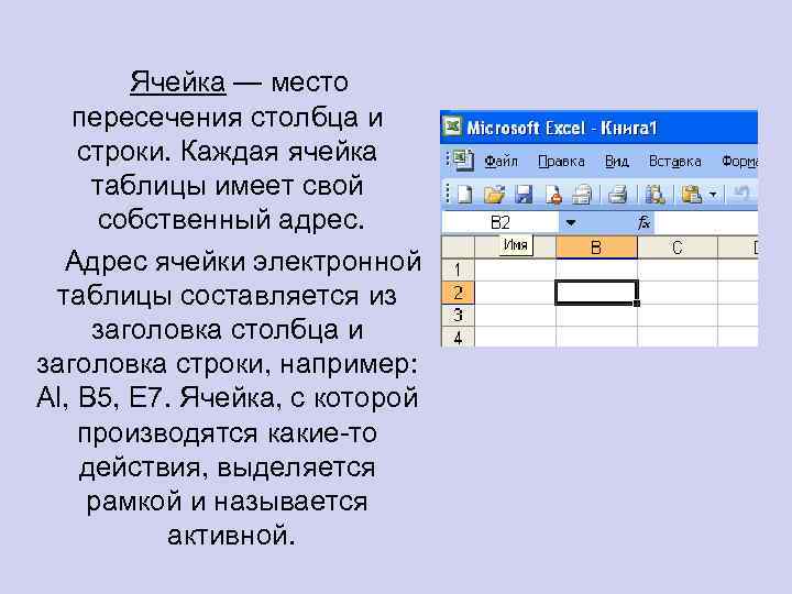 Ячейка — место пересечения столбца и строки. Каждая ячейка таблицы имеет свой собственный адрес.