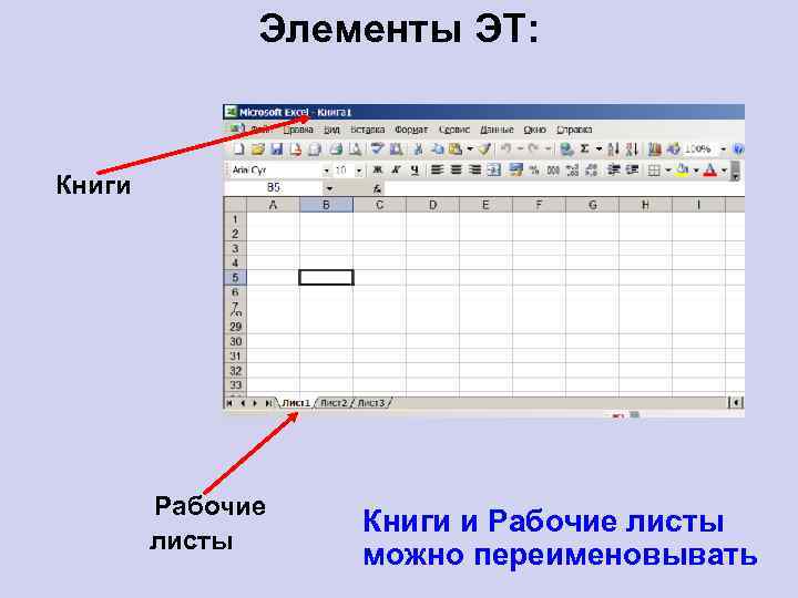 Элементы ЭТ: Книги Рабочие листы Книги и Рабочие листы можно переименовывать 