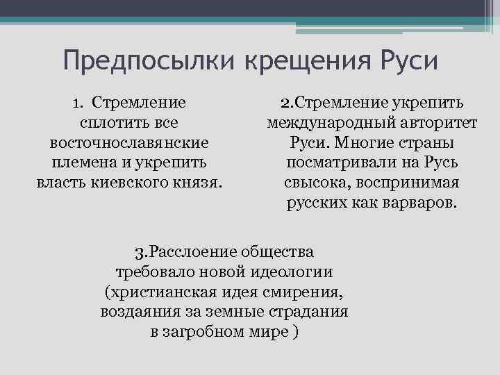 Предпосылки крещения Руси 1. Стремление сплотить все восточнославянские племена и укрепить власть киевского князя.