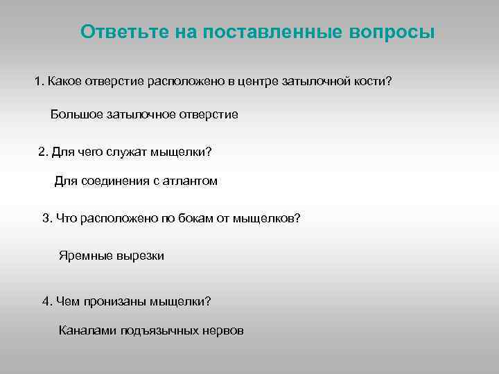 Ответьте на поставленные вопросы 1. Какое отверстие расположено в центре затылочной кости? Большое затылочное