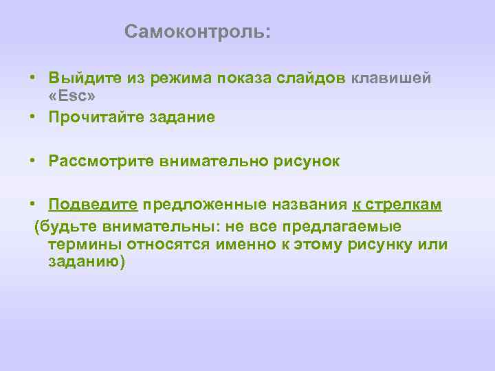 Самоконтроль: • Выйдите из режима показа слайдов клавишей «Esc» • Прочитайте задание • Рассмотрите