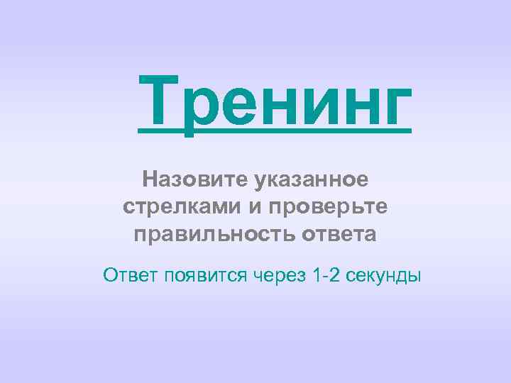 Тренинг Назовите указанное стрелками и проверьте правильность ответа Ответ появится через 1 -2 секунды