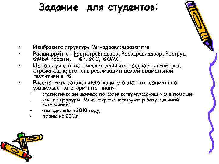 Задание для студентов: • • – – Изобразите структуру Минздравсоцразвития Расшифруйте : Роспотребнадзор, Росздравнадзор,