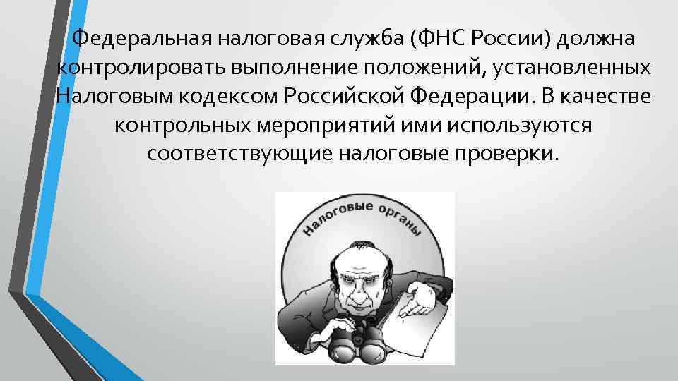 Федеральная налоговая служба (ФНС России) должна контролировать выполнение положений, установленных Налоговым кодексом Российской Федерации.