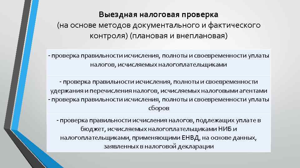 Выездная налоговая проверка (на основе методов документального и фактического контроля) (плановая и внеплановая) -