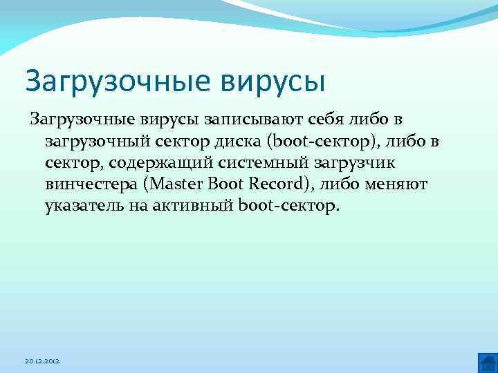 Загрузочные вирусы записывают себя либо в загрузочный сектор диска (boot-сектор), либо в сектор, содержащий